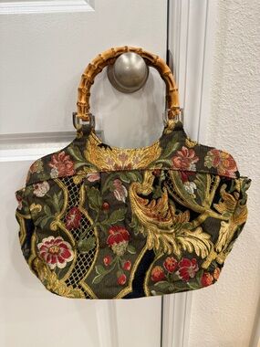 Vintage Talbots Floral Tapestry Handbag with Bamboo Handles - 90s